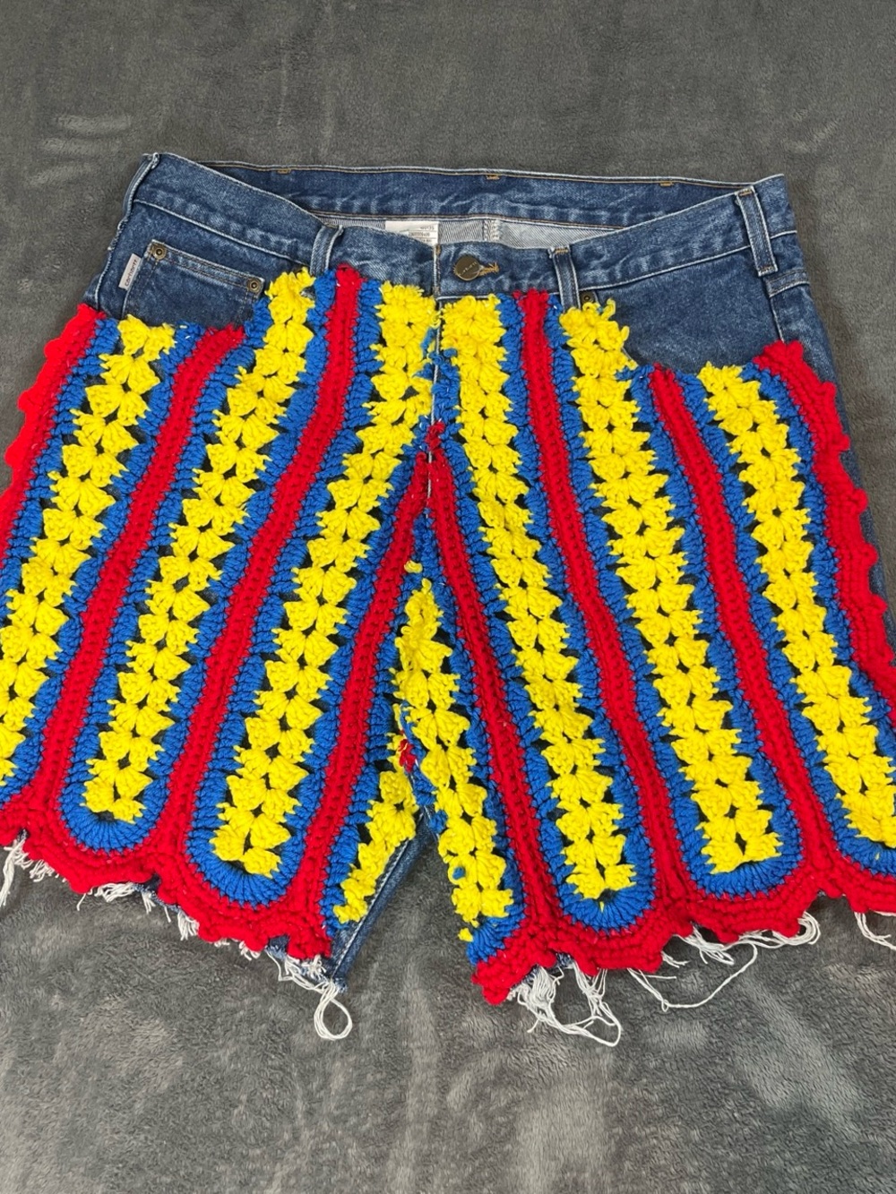Carhartt Crochet-Front Denim Shorts in Yellow, Blue & Red